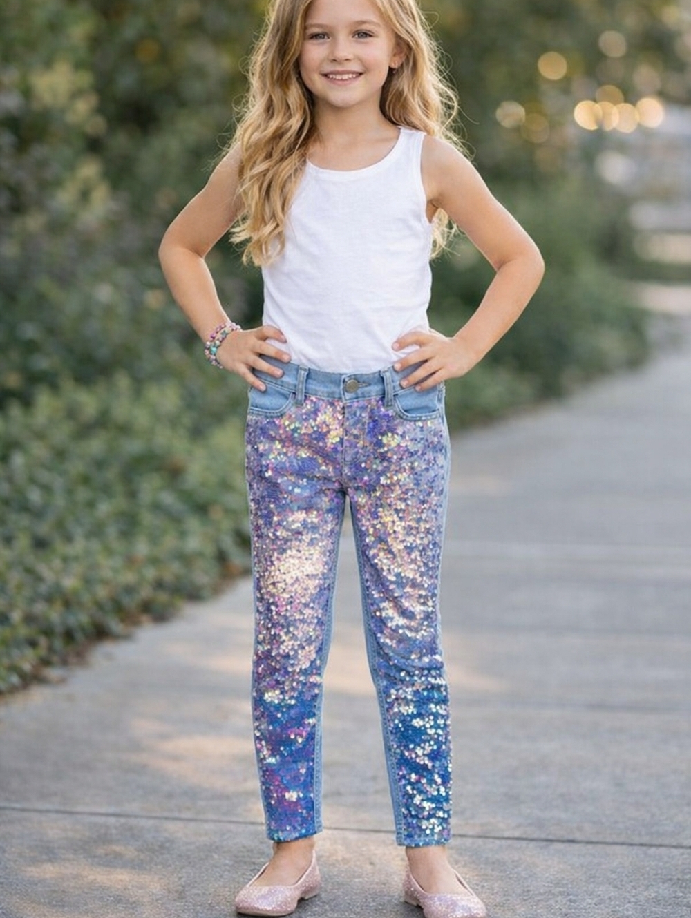 Justice Sequin Jeans Girls Pull On Mid Rise Super Skinny Sparkle Denim Size 10